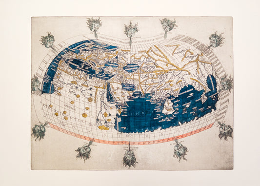 Hand coloured intaglio print of Francesco Berlinghieri's World Map, 1482