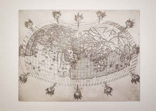 Hand pressed intaglio print of the World Map from Berlinghieri's Geographia, 1482